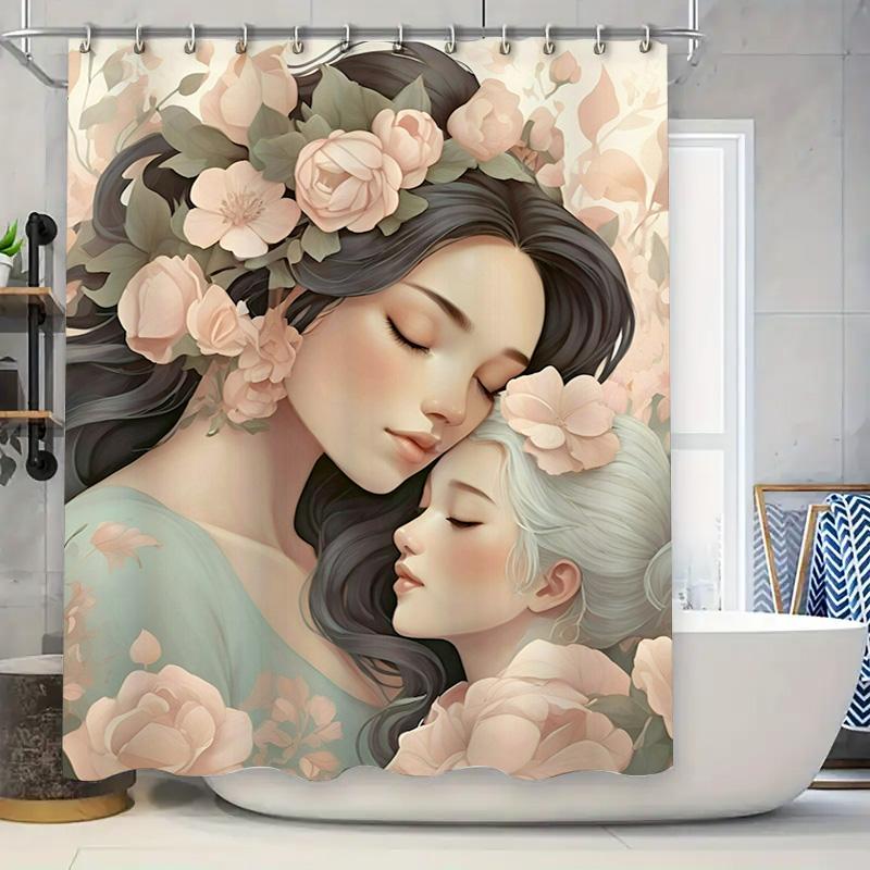 Elegant Mother And Daughter Floral Shower Curtain - Waterproof, Mildew-Resistant, Machine Washable For Cozy Bathroom Decor