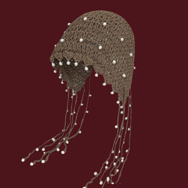 Fashion Handmade Weaving Hollow Out Beanie Hat Woman Autumn Hook Flower Korean Style Pearl Tassels Pullover Knitted Hat