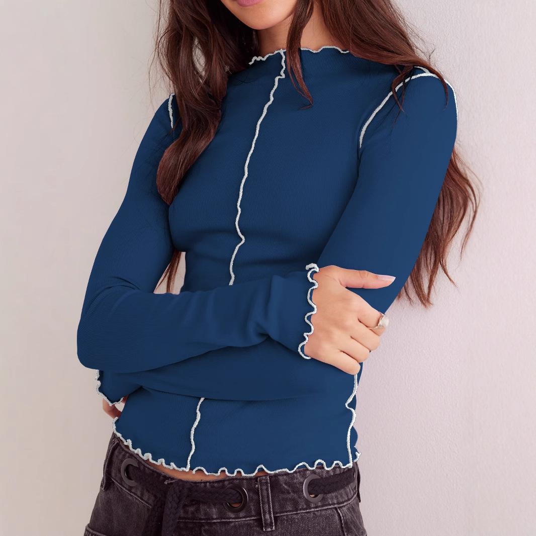 

Ранняя осень, новый топ с высоким воротником, нишевое кружево, футболка с длинным рукавом, трендовый стиль, облегающий и универсальный базовый слой XXL темно-синий