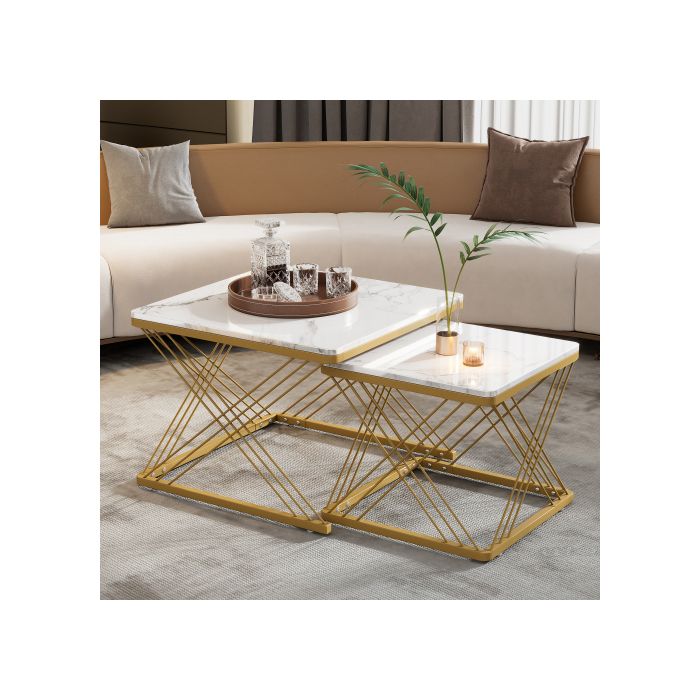 Lot de 2 tables basses élégantes, carrées 60*60*45 cm et 45*45*40 cm, aspect marbre brillant