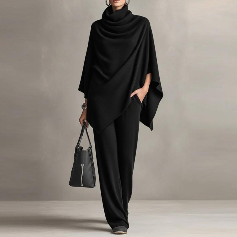 Modisches Damen-Anzug-Set mit hochgeschlossenem Umhang-Oberteil und Hosen mit weitem Bein