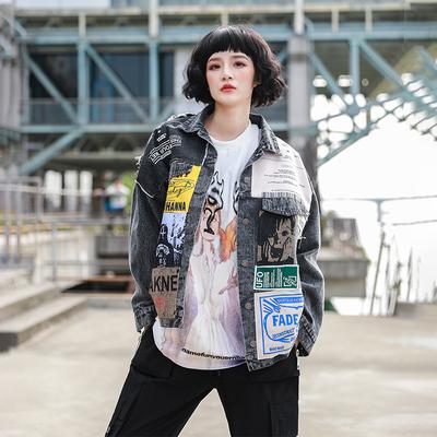 Women's Spring and Autumn Vintage Full Sleeve Appliques Newspaper Pattern Large Size  Loose Denim Jacket Leisure Trend Coat