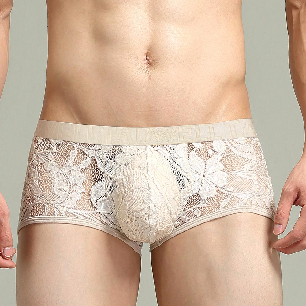 Men's Sexy Low-rise Boxer Briefs Solid Color Lace Spliced Underwear Thin Breathable Body-hugging Boxer Shorts