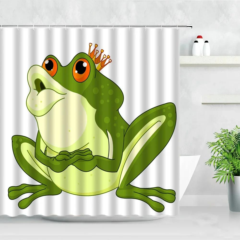 Lustige Frosch Cartoon Duschvorhangsets Blatt Tier Kreativ Kinder Badezimmer Dekor Wasserdichter Stoff Zuhause Haken Badvorhänge