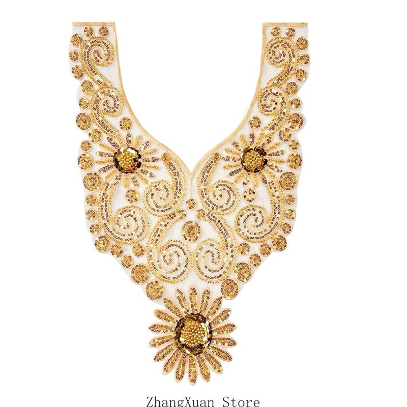 Aplikacja z haftowanych koralików na suknię ślubną, suknię wieczorową, naszywki do przyszycia na kołnierz, koralikowe cekiny, naszywki do przyszycia, aplikacja