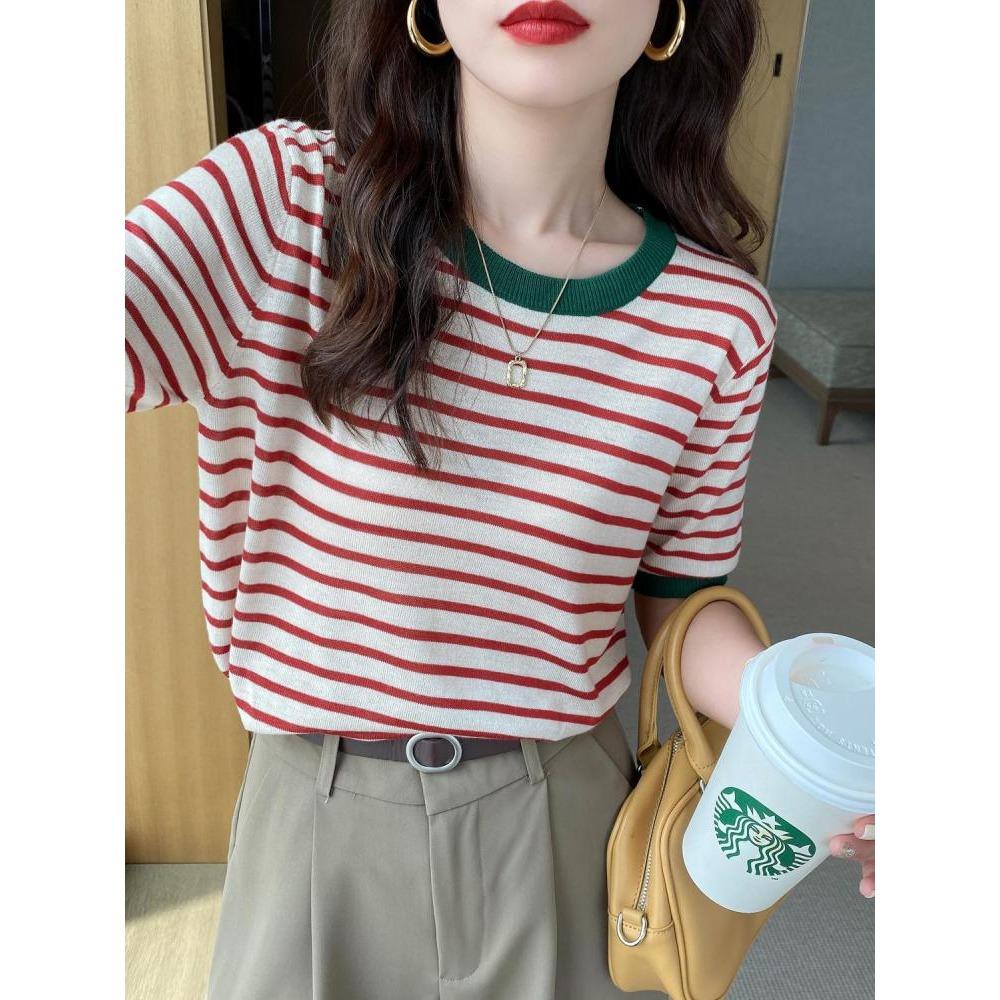 Women's Striped Blouse Short-sleeved Round Neck Pullover Classic Chic T-shirt Spring/summer 2026
