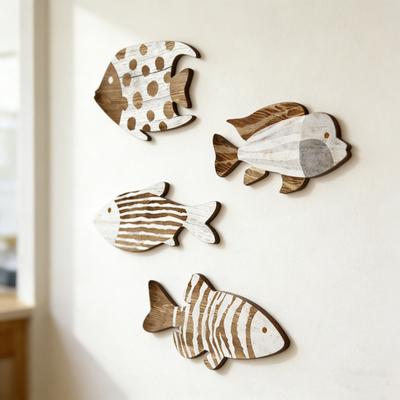 4 Pezzi Decorazione da Parete Vintage da Spiaggia Pesce in Legno Nautico Costiero Decorazione da Appendere Stile Oceano Scultura di Pesce per Casa sul Lago Bagno Camera da Letto