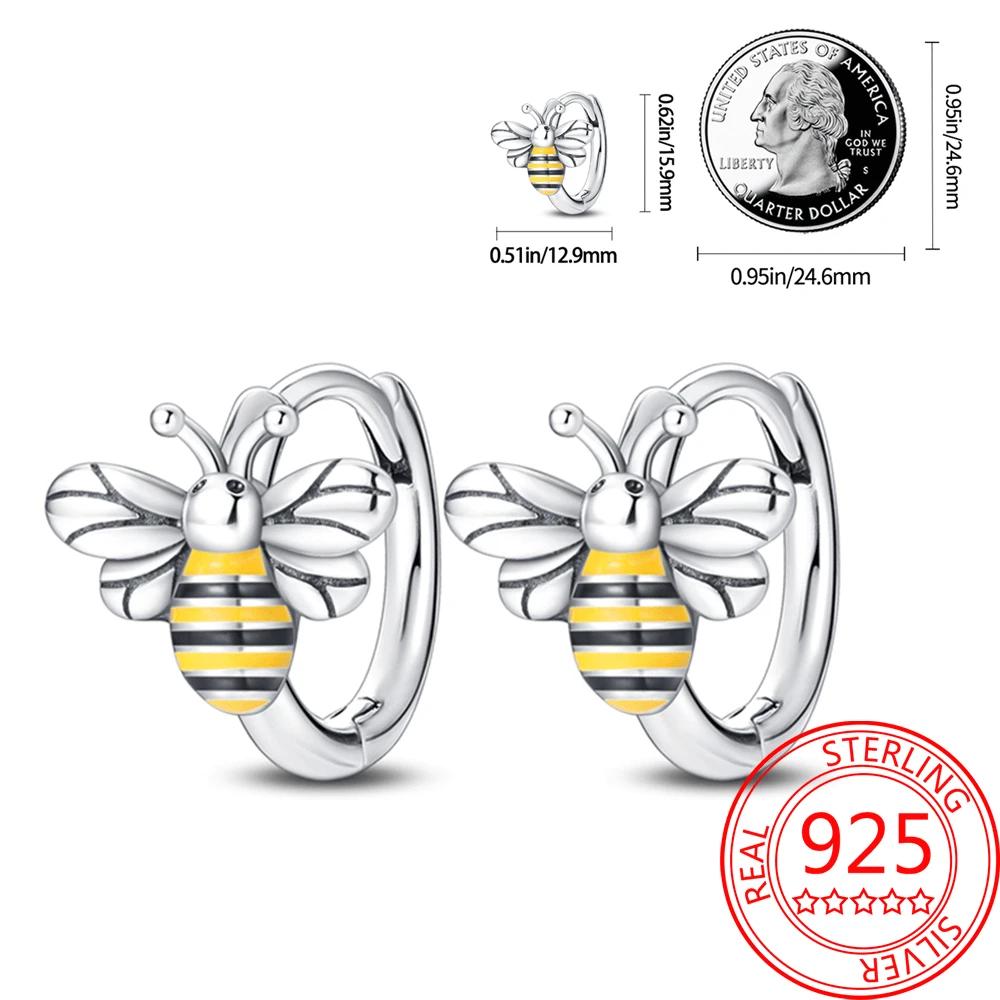Brincos de abelha para menina adorável amarelo preto dançando abelha feliz s925 brincos de argola presente de aniversário joias de prata