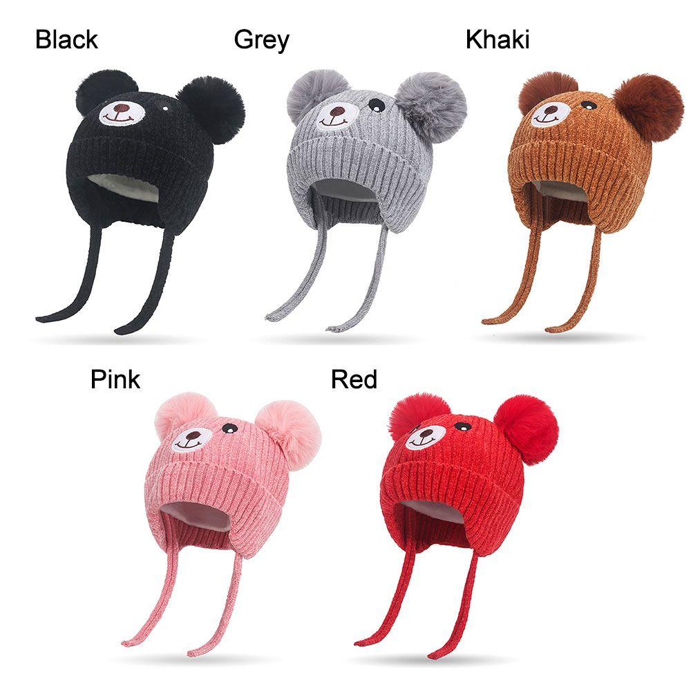 Hooded Scarf Bear Knitted Hat Winter Pompom Baby Hat Fleece Lining Earflap Cap Toddler Beanie