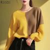 ZANZEA Women Casual Round Neck Long Sleeve Colorblock Knitted T-Shirts