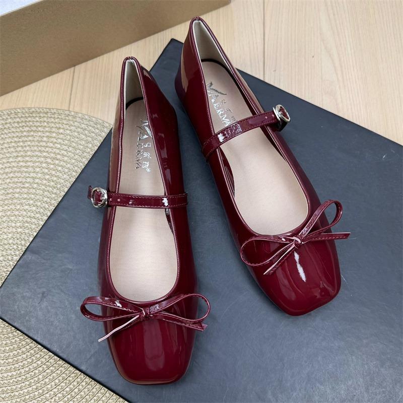 Fashion Flat Shoes for Women's Spring Autumn Square Toe Bow Mary Jane Shoes Women's Patent Leather Casual Women's Shoes Large Size 43 44