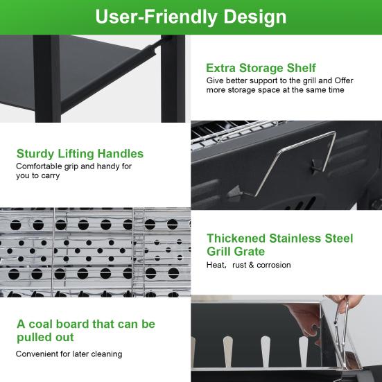Langer Grill Holzkohle Großer BBQ Grill Klappbare Seitenablage Camping Grill für Garten Hinterhof Party Picknick Kochen (47.28x25.61x25.61 Zoll)
