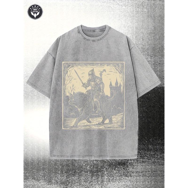 Washed, Hero Knight and Smart Black Cat Printed Men's Summer T-shirt, High-quality Printed Cotton Casual T-shirt, for Street and Outdoor Activities