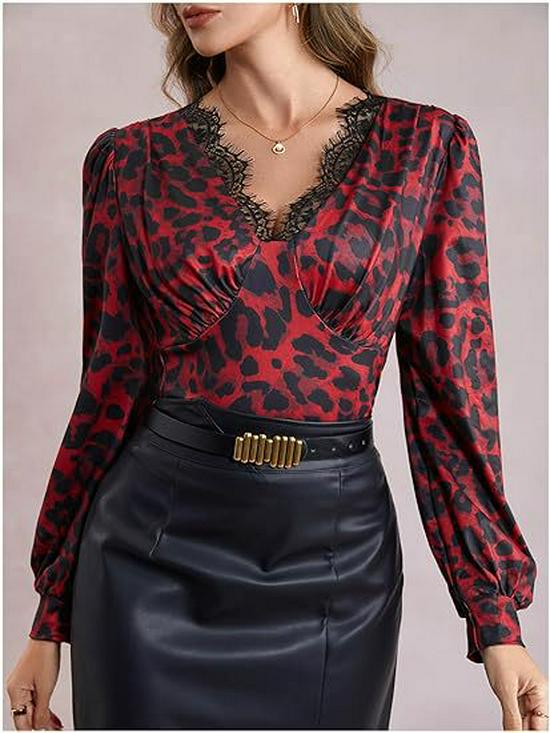 Women's 2025 Leopard Print V-neck Slim-fit Long-sleeved Lace Trim Top