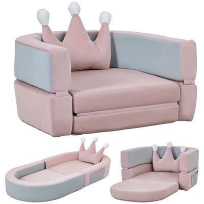 Divano per Bambini Trasformabile in Letto e Area Gioco con Cuscino a Forma di Corona 116x61x14 cm Rosa e Blu Grigio