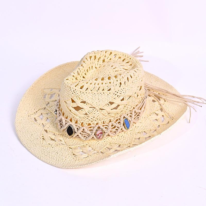 Burst Hat Women's Outdoor Beach Hat Hollow Paper Grass Western Cowboy Hat Beaded Summer Sunscreen Visor