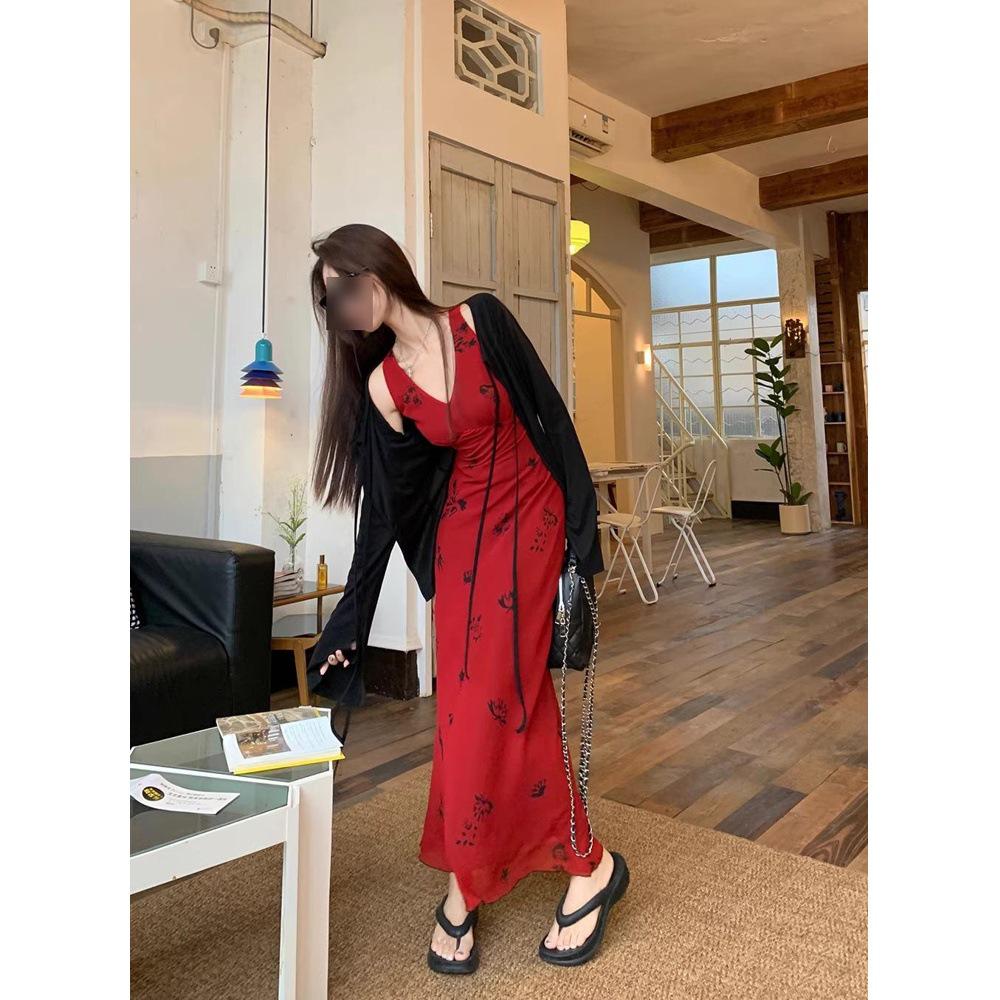 

2025 New Summer Red Silk-Like Women s Spaghetti Strap Dress with Pure Print Design M (45-50kg)