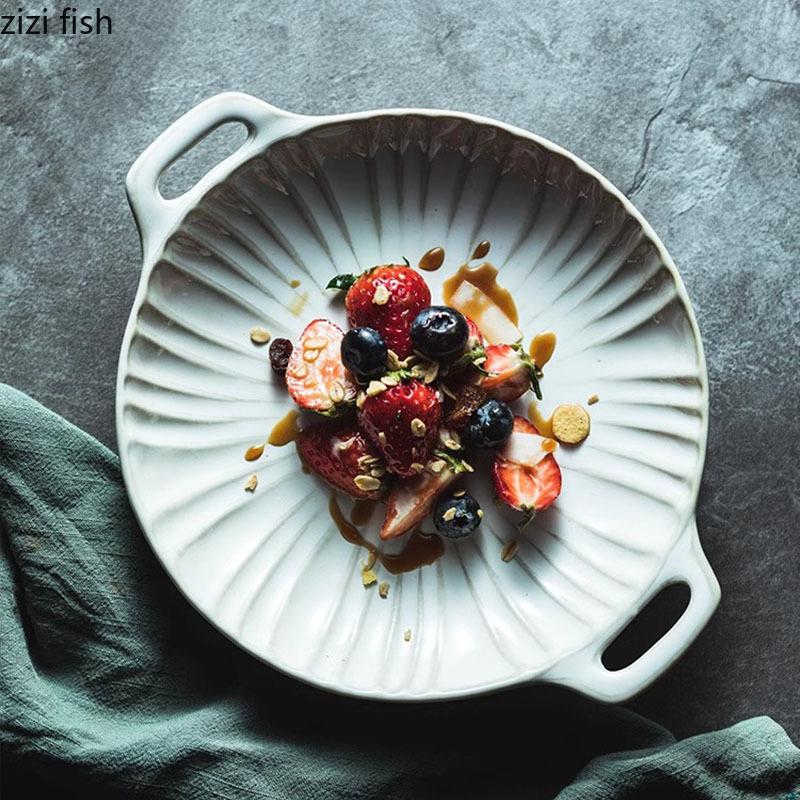Relief Stripe Ceramic Double Ear Plate Salad Plate Dessert Plate Snack Plates Restaurant Molecular Cuisine Creative Tableware