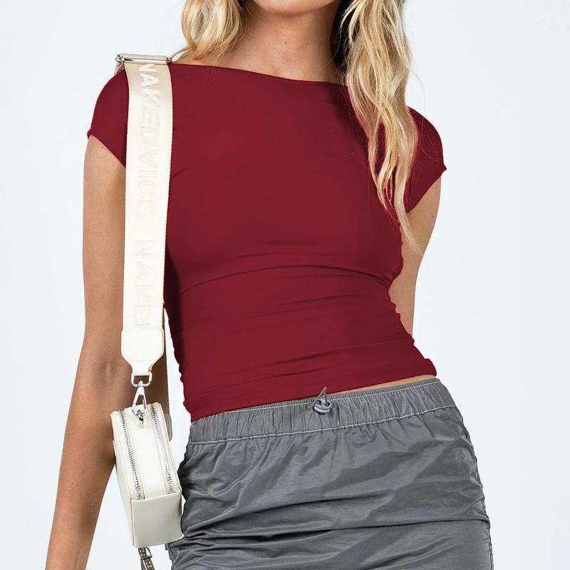 Sexy Ryggløse Sexy Crop T-skjorter Dame Mote Kortermet Slim Fit Hvite T-skjorte Topper Y2K T-skjorte Dame Ensfarget Rund Hals T-skjorter 82