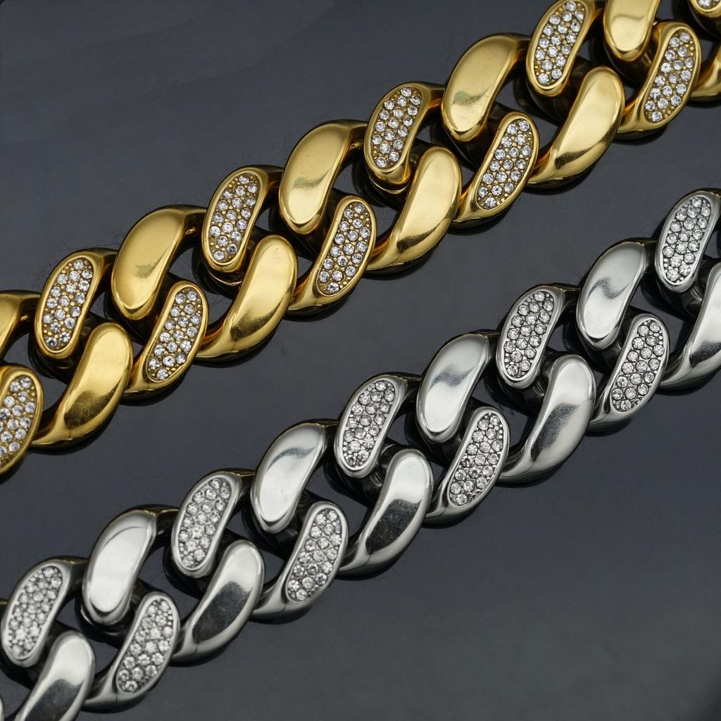 Pvd 18k Gold Color Hip Hop 11MM 15MM 19MM Width 316 Stainless Steel with Two Rows Rhinestone Iced Out Cuban Link Chain Bracelet