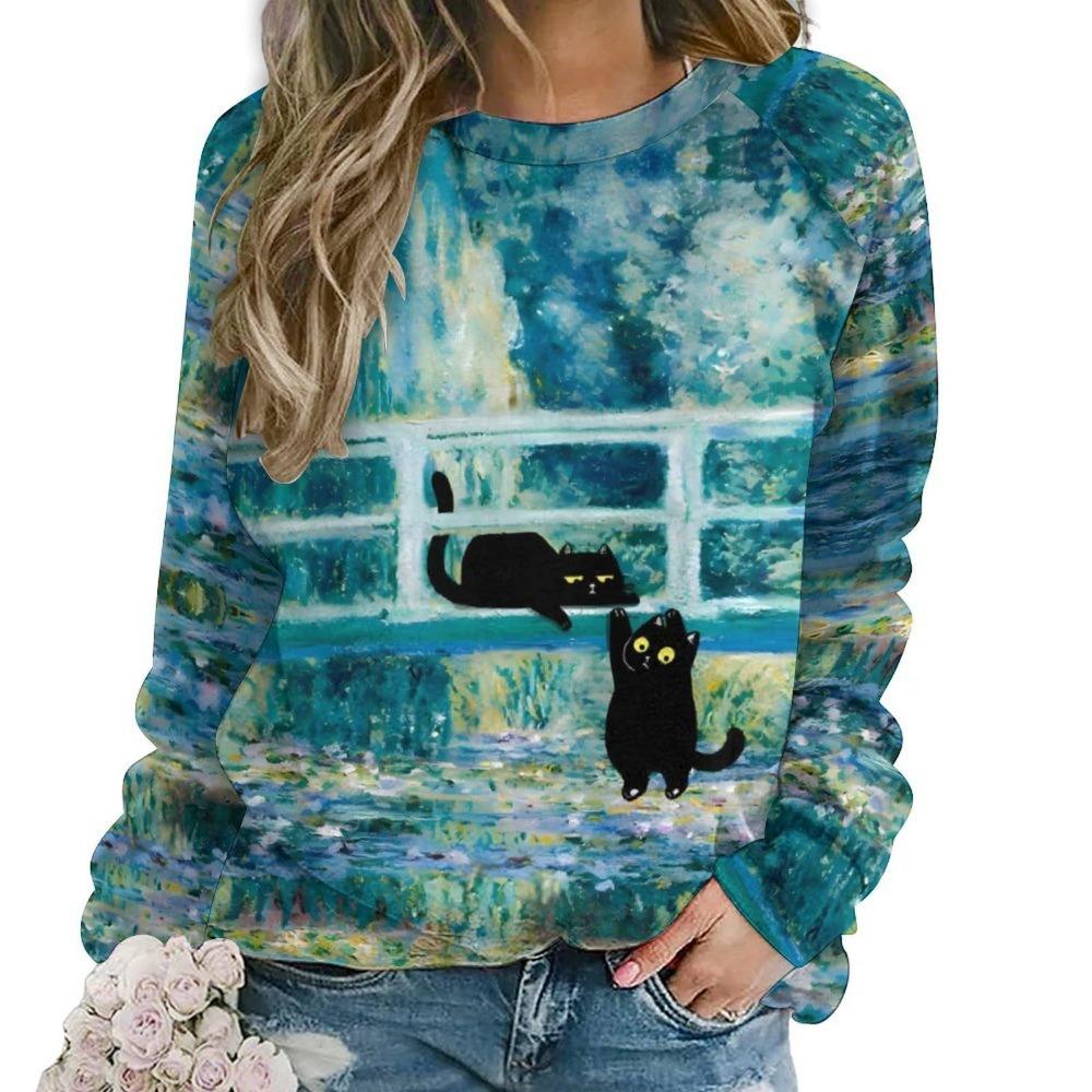Cute Cat Floral Sweatshirts Flower 3D Print Women New O-Neck Hoodies Casual Streetwear Y2k Pullovers Harajuku Top Woman Clothing
