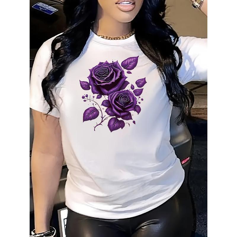

Womens Elegant Purple Rose Print Tee Round Neck Short Sleeve Soft Polyester Blend Lightweight Breathable Spring Summer Sports Casual Top 4XL білий