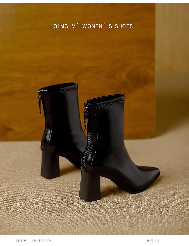 Winter 2025 Fashion: Women's Pointed Toe Chunky Heel Ankle Boots - Soft Leather, Comfy, Elastic Fit with Back Zipper