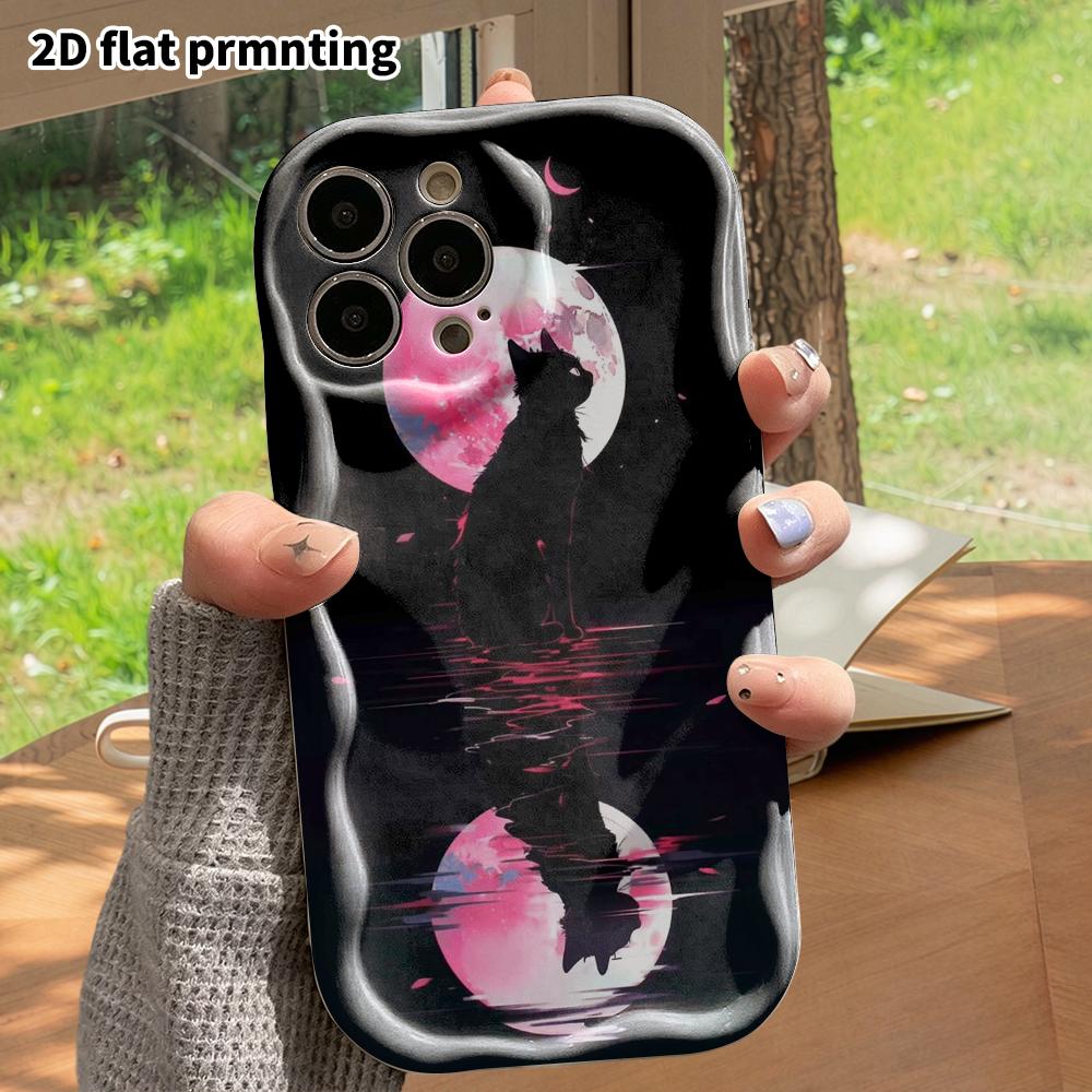 Phone Case: 2D Flat Design Suitable for iPhone 18 17 16 15 14 13 Pro Protective Case, Black Cat Under the Moon, Perfect Christmas and Halloween Holida