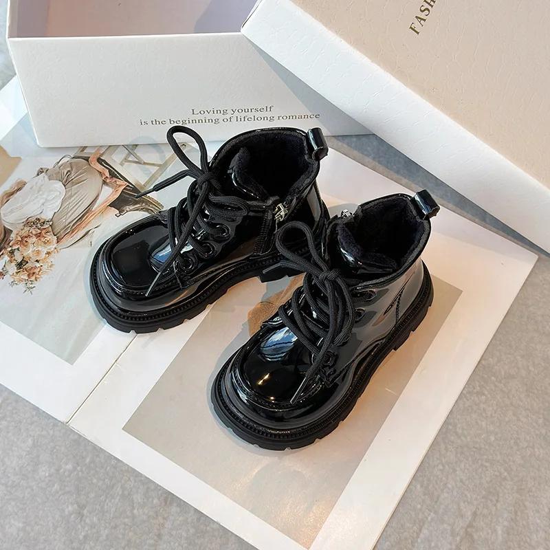 New Girl Winter Boots Solid Color Glossy Children's Snow Boot Causal Versatile Warm Kids Fashion Ankle Cotton Boots Side Zipper