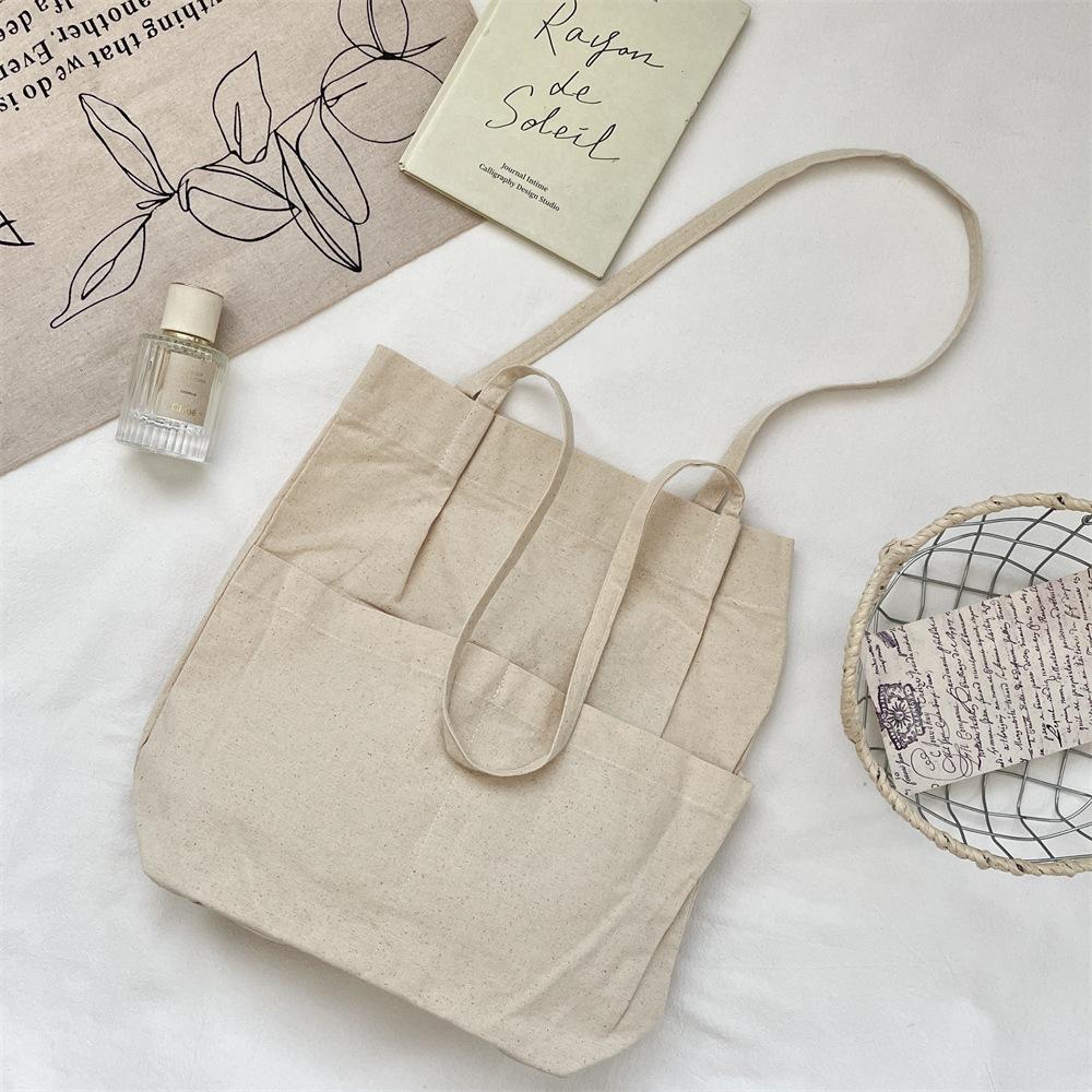 Solid Color Front Bag White Canvas Tote Bag Literary Shoulder Bag Student Large Capacity Bag