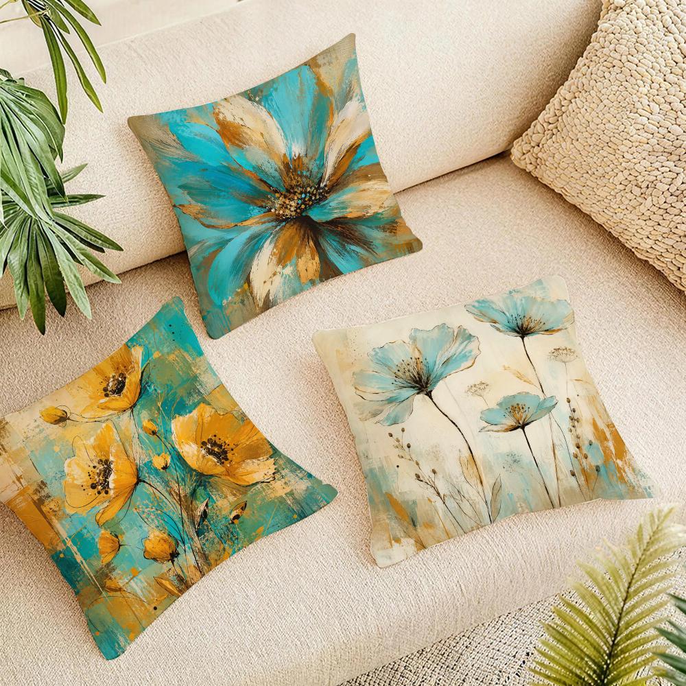 Turquoise Yellow Flower Cushion Cover Durable Hypoallergenic Organic Linen Pillow Cover Short Size Washable Skin-Friendly
