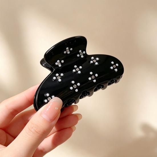 Hair Claw No Slipping Strong Grip Medium Size Back Head Hair Clip Rhinestone Imitation Pearl Flower Pattern Shark Hair Claw