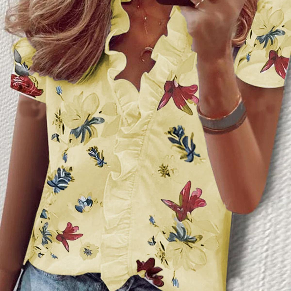 

Весна и лето Новая рубашка с короткими рукавами и оборками Женская рубашка Модная одежда 2XL жёлтый