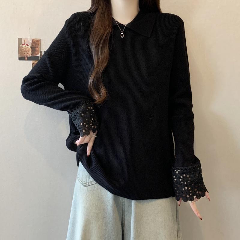 Elegant Plus Size French-Style Lapel Knit Top for Women - Winter Chic Crochet Patchwork XL
