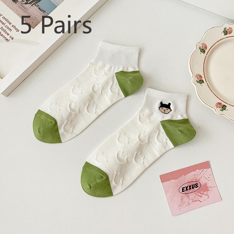 5 Pairs of Women's Pure Color Spring Summer Thin Embroidered Short Tube Boat Socks