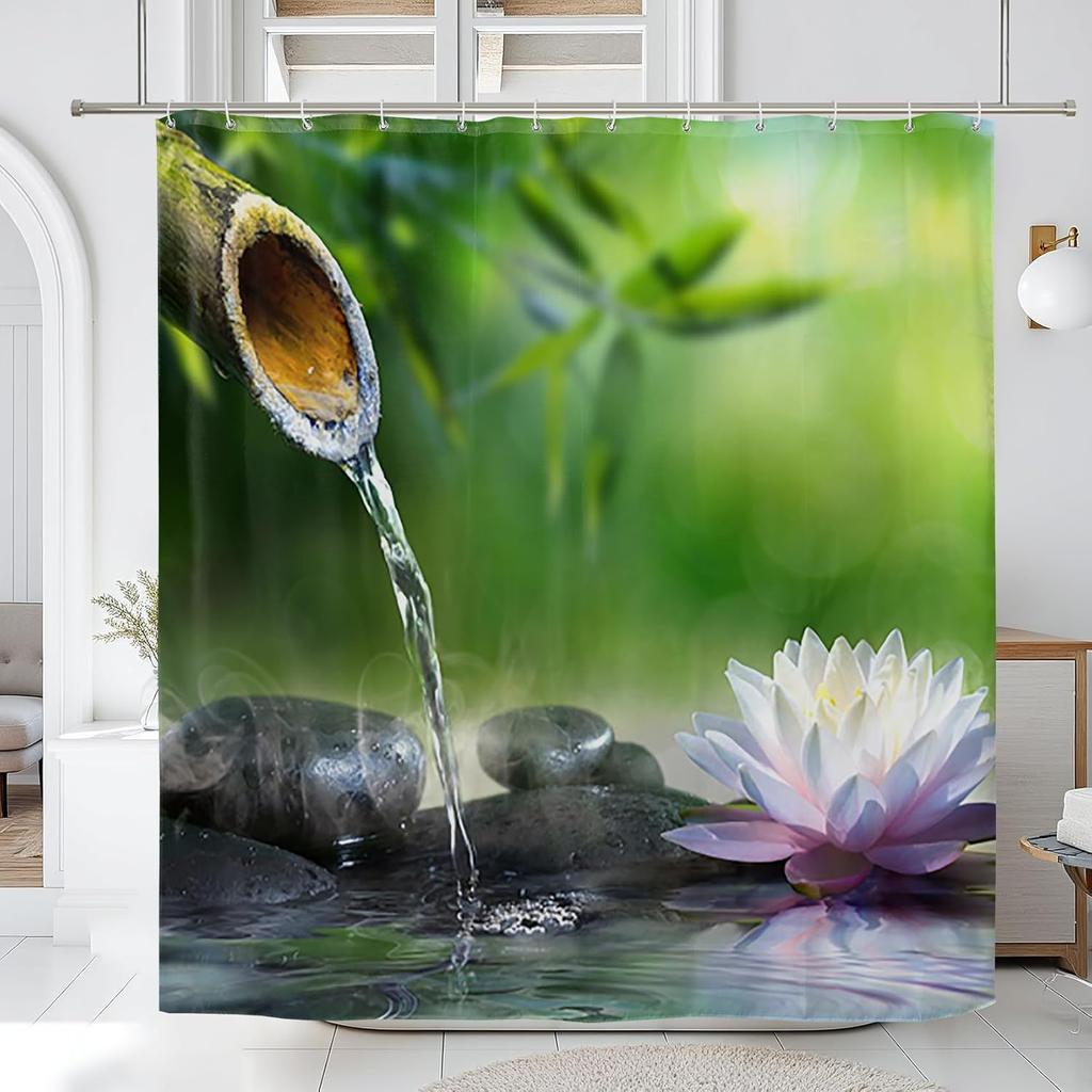 Zen Spa Shower Curtain Black Basalt Zen Stones Japanese Flowers Bamboo Leaves Spiritual Meditation Shower Curtain for Bathroom
