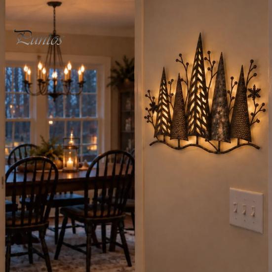 Rustic Metal Wall Art Vintage Lighted Woodland Decor, Pine Forest Tree Outdoor Porch Sculpture with LED Lights for Farmhouse Cabin Winter Home