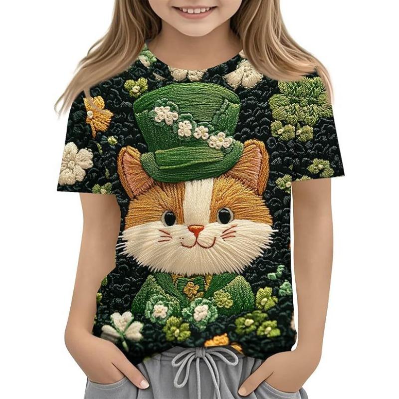 Fashionable Summer Trendy High-quality Four Leaf Clover Pattern Children's Women's Short Sleeved Round Neck T-shirt