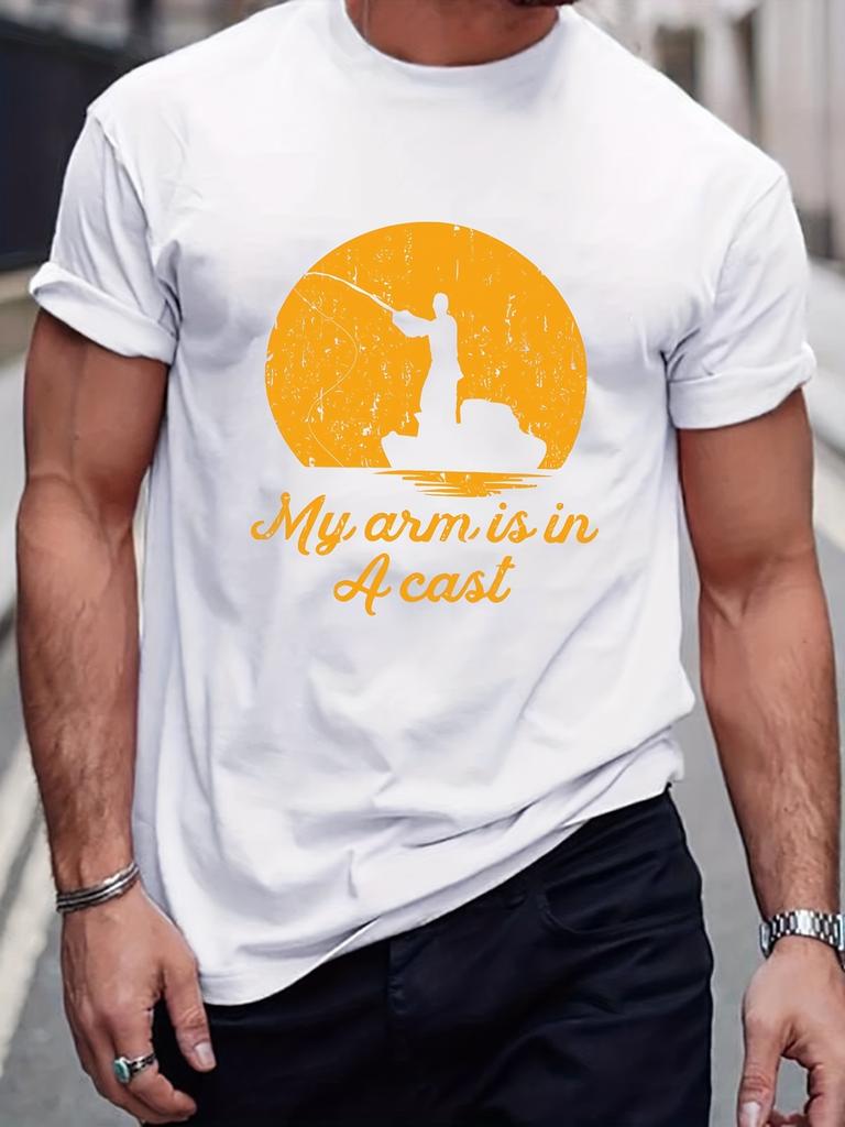 Fishing Man & Slogan Pattern Print Men's T-shirt, Graphic Tee Men's Summer Clothes