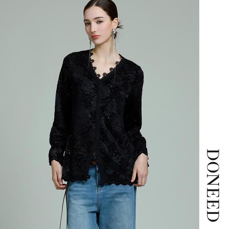 DONEED French Style Lace Trim V-Neck Long Sleeve Blouse