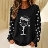 Women's Christmas Wine Glass Print Round Neck Long Sleeve Top for Casual Holiday Party