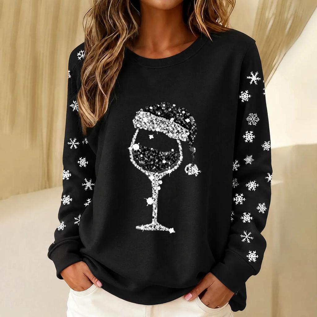 Women's Christmas Wine Glass Print Round Neck Long Sleeve Top for Casual Holiday Party