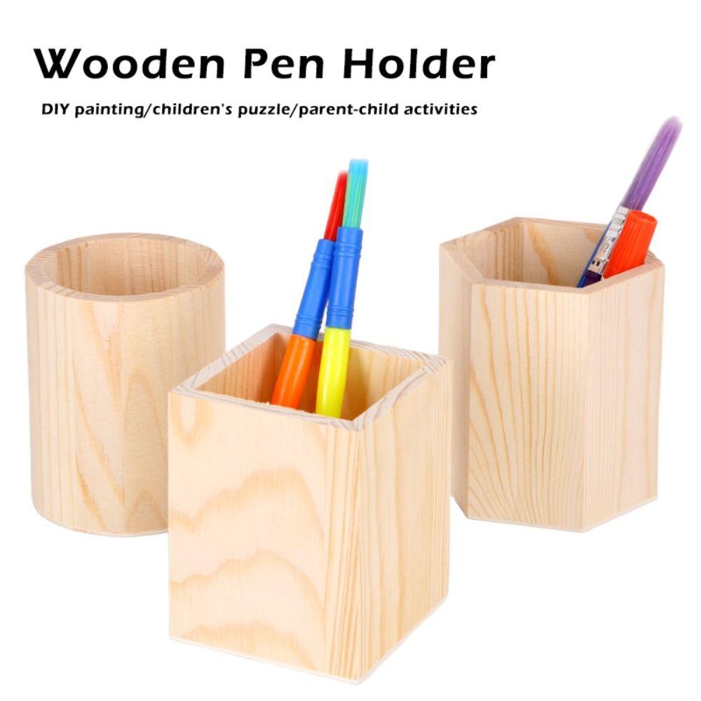 Wooden Pen Container Round/Hexagonal/Square Makeup Brush Holder Desktop Organizer  Gift