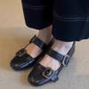 Sheepskin Version~ Retro Metal Square Buckle Mary Jane Small Leather Shoes Low Heel Round Head Leather Word with Shallow Mouth Single Shoes Women