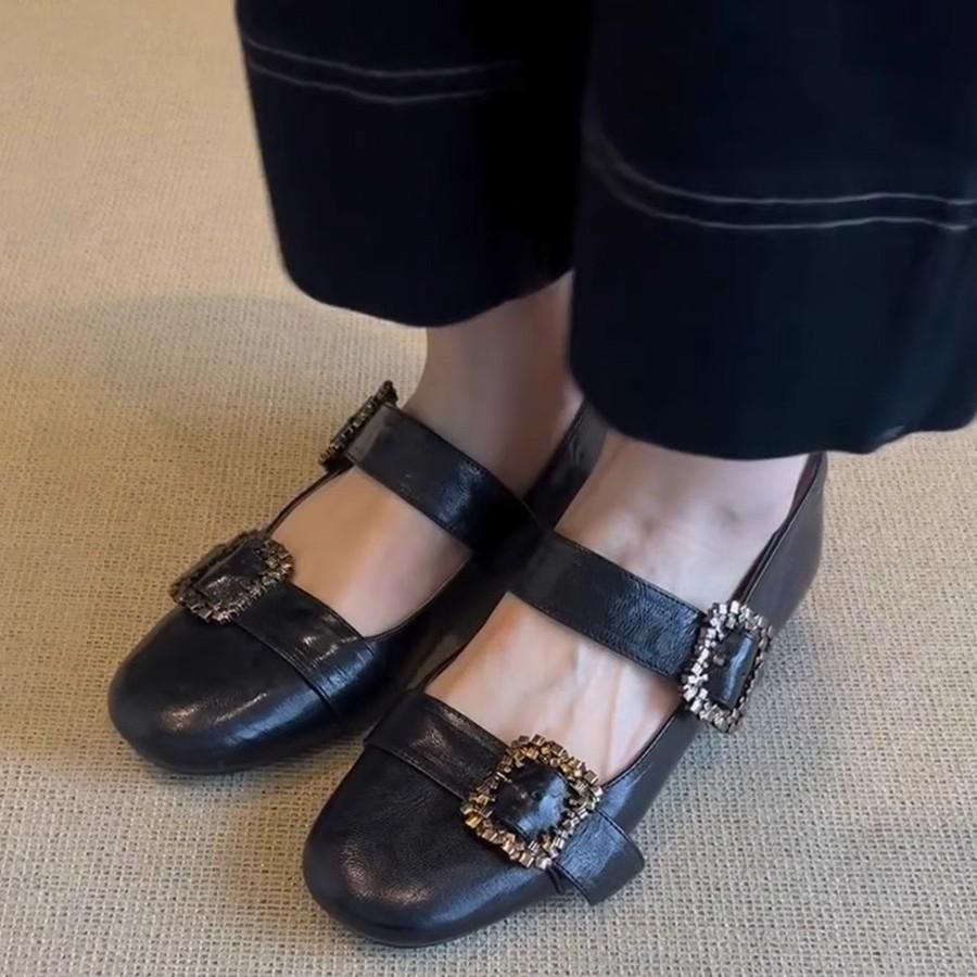 Sheepskin Version~ Retro Metal Square Buckle Mary Jane Small Leather Shoes Low Heel Round Head Leather Word with Shallow Mouth Single Shoes Women