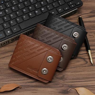 Men's Short Wallet - Simple Style, Double Row Magnetic Buckle, Embossed Letters, Large Capacity.