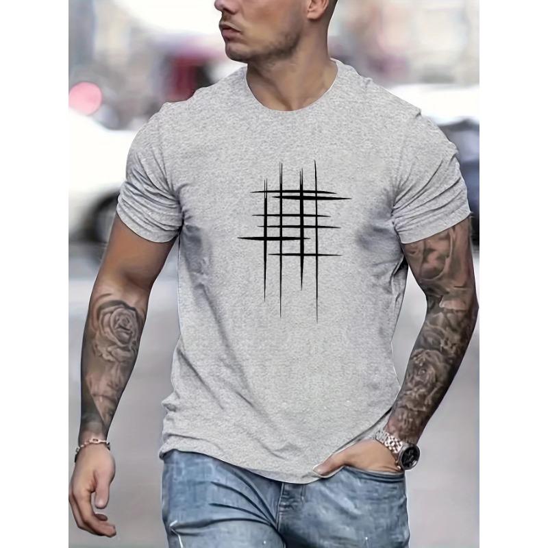 Summer Men's 100% Cotton Casual Loose Size Graphic Line Print Round Neck Short Sleeve T-shirt Top