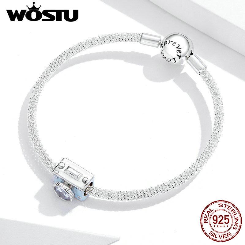WOSTU 925 Sterling Silver Shiny Zircon Blue Camera Photograph Beads DIY Women Bracelet