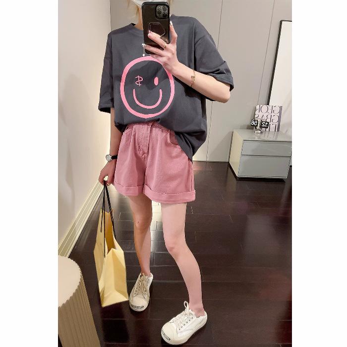 

First-line tail goods pick up leaks~ Retro Hong Kong style smiley face pure cotton short-sleeved t-shirt women s loose half-sleeved t-shirt top tide 3XL