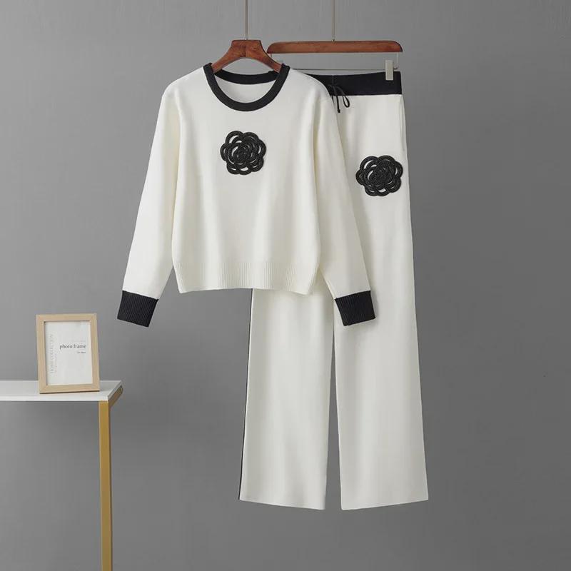 Trendy Embroidered Knit Top & Wide-Leg Pants Set for Women - Spring/Autumn Fashion
